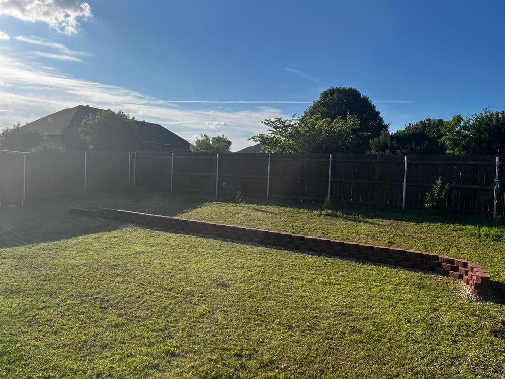 Sunny backyard with a brick pathway and wooden fence, featuring green grass and trees.