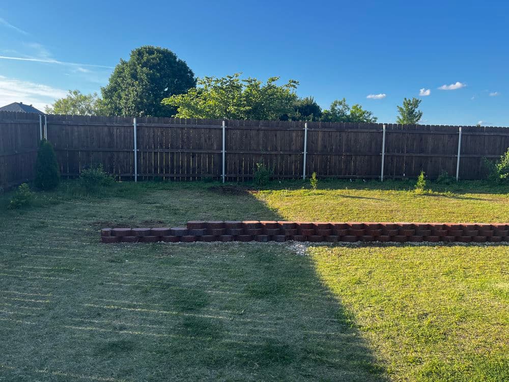 Lush backyard with wooden fence and arranged brick path under clear blue sky.