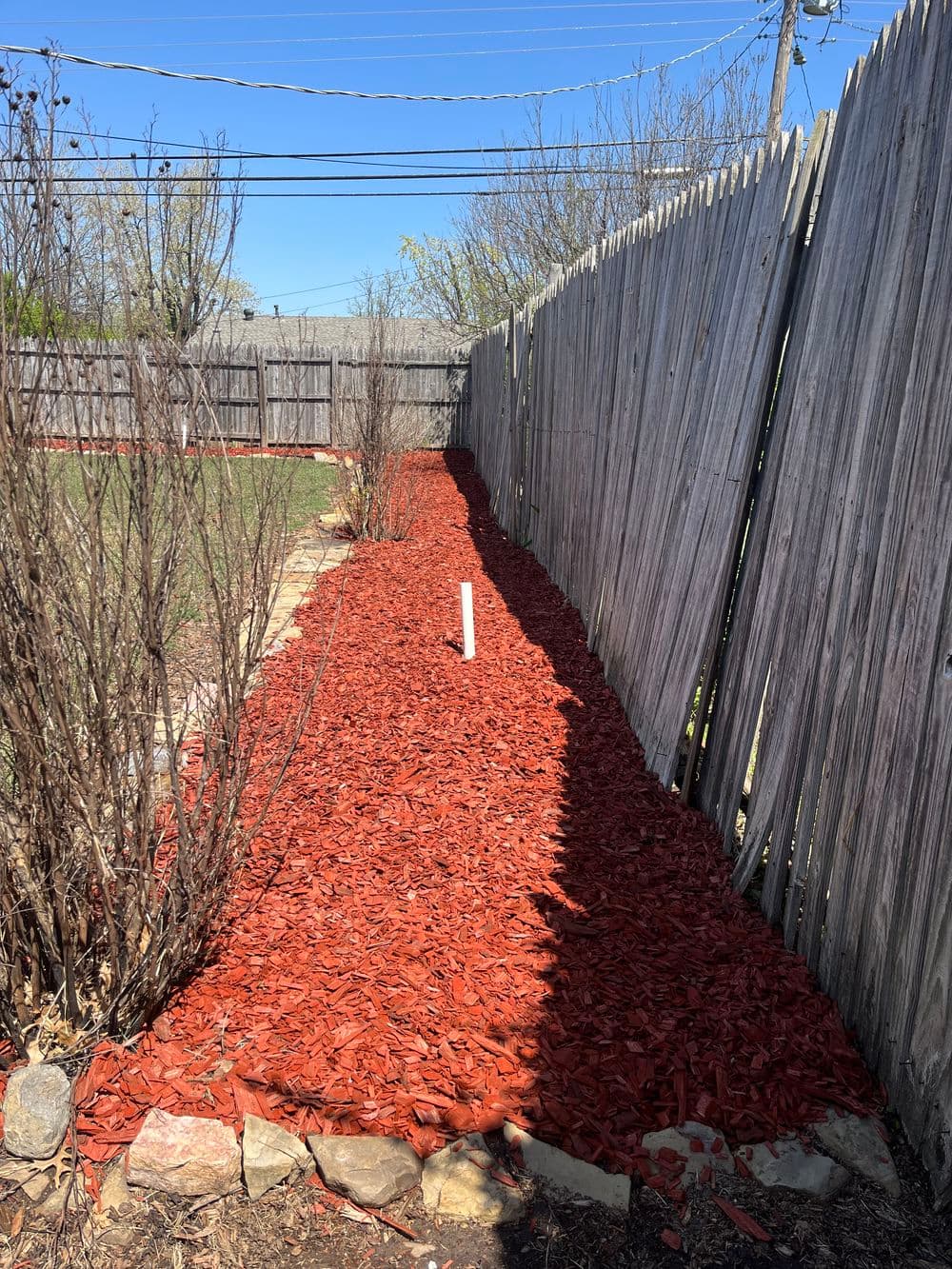 Red mulch path lined with fences and bare bushes under clear blue skies.
